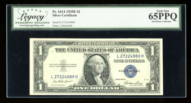 DBR 1935-E $1 Silver Fr. 1614 LH Block Gem Legacy 65 PPQ Serial L27224988H