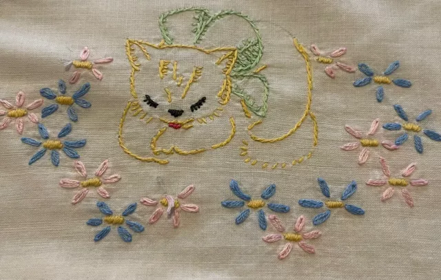 Vtg Kitten Pillowcase Handmade Embroidery cat flowers ruffle cotton soft Toddler