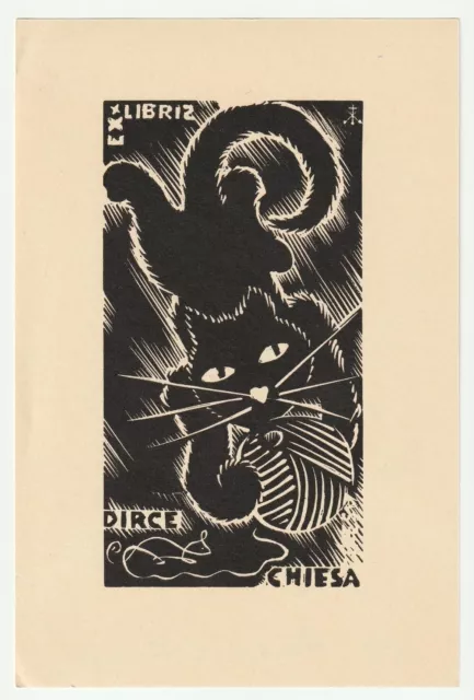 GASTONE CAMBIN: Exlibris für Dirce Chiesa, Katze mit Wollknäuel