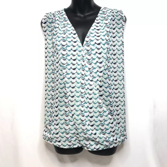 Cabi 342 Tweet Bird Sleeveless Sheer Faux Wrap Blouse MEDIUM Crossover Blue Top