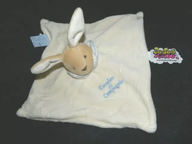 Doudou peluche plat  lapin blanc bleu doudou et compagnie TATOO
