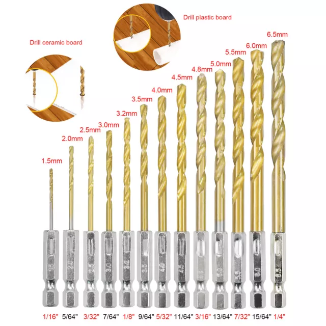 13Pc Hex Shank Titanium Drill Bit Set Electric Twist Drill Multl Bits 1/16"-1/4"