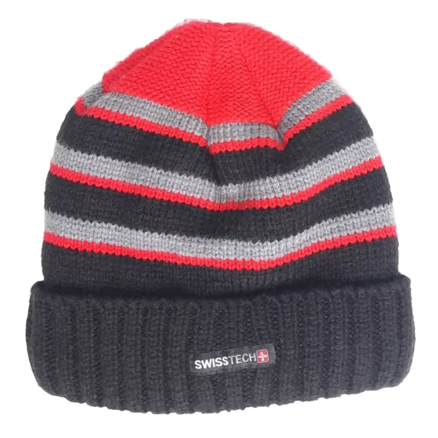 Swiss Tech Knit Beanie Hat Fleece Lined Ribbed Cuffed Red Black Gray Men OSFA