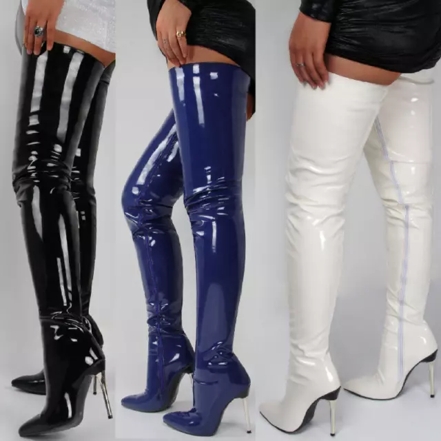 Women Zip Thigh High Over Knee Boots Pointy Toe Stiletto High Heels Party Shoes