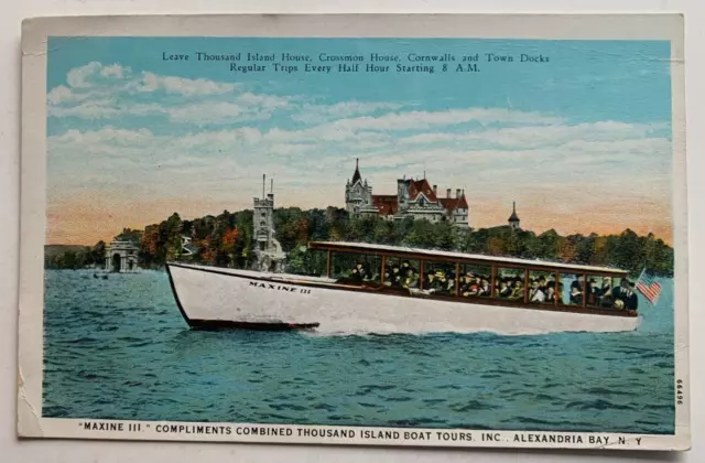 ca 1920s NY Postcard Thousand Islands Alexandria Bay Maxine III Boat tour advert