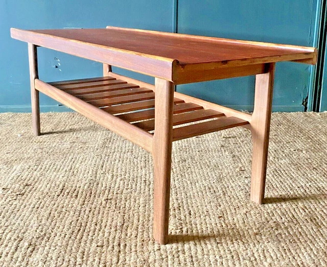 Mid 20th Century Retro Solid Teak Coffee Table With Magazine or Book Rack Shelf