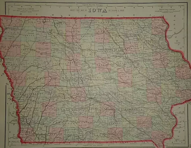 Vintage 1883 IOWA Map Old Antique Original OW GRAY Atlas