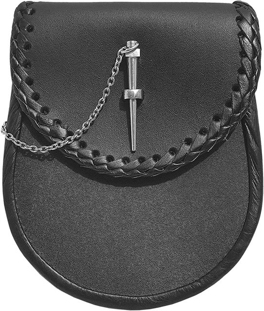 Borsa Sporran in pelle nera celtica giacobita con serratura a spilla con cintura e catena