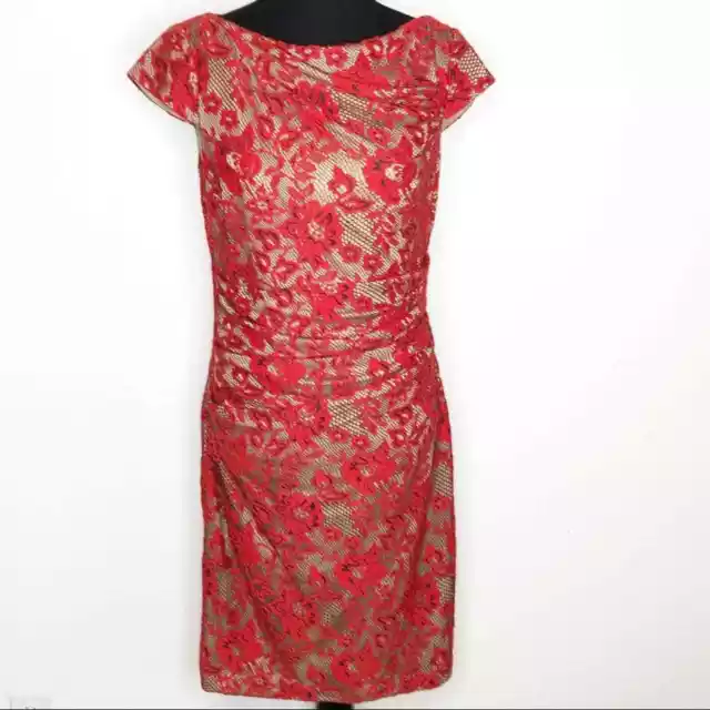 Kay Unger red floral lace overlay sheath dress size 12