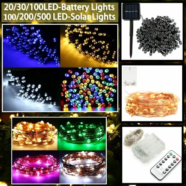 2-50M Fairy String Lights 20-500 LED Battery Operated Solar Power Outdoor Indoor