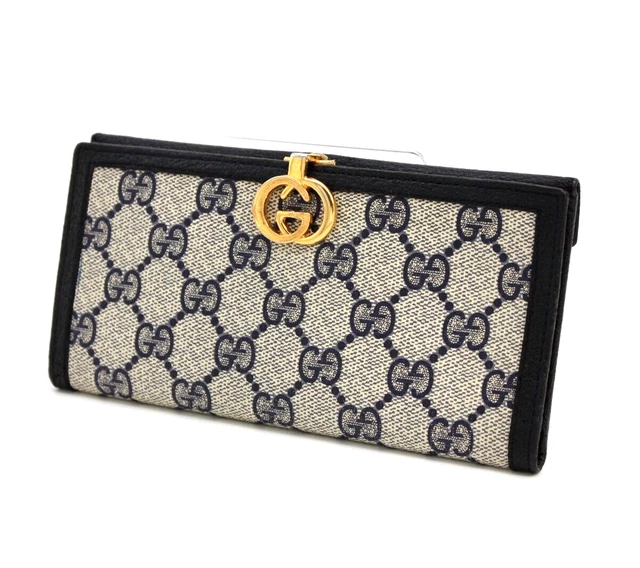 Gucci Vintage Wallet Bifold Long Purse Card GG Supreme Buckle Navy Authentic
