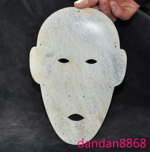 8" China Old jade sacrifice Ancient mysterious Human face mask yubi statue