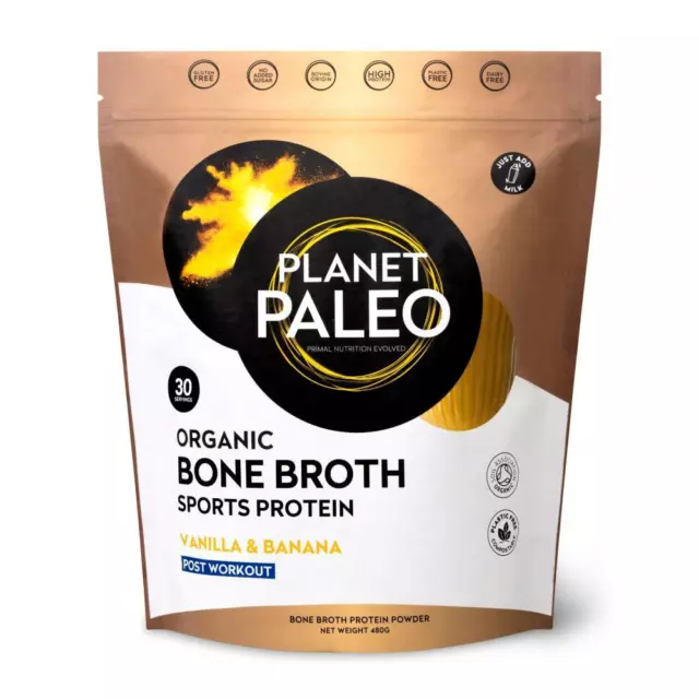 Planet Paleo Biologique OS Bouillon SPORTS Protéines Vanille & Banane 480g