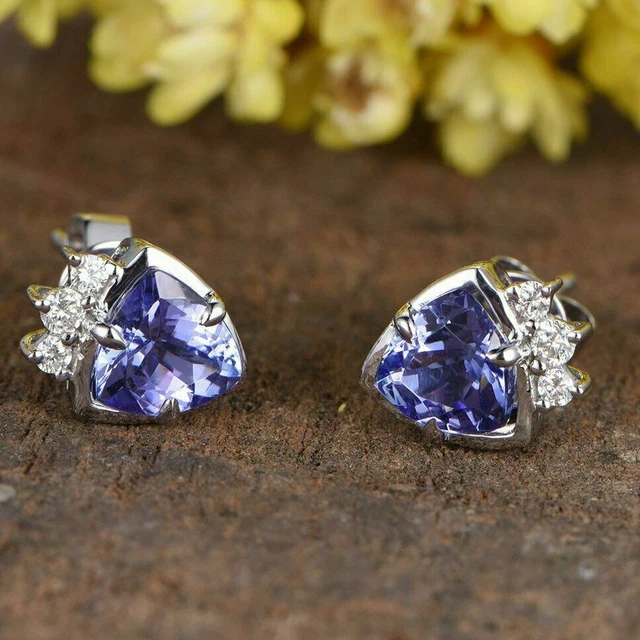 Trillion Cut 2.75 CT Simulated Blue Sapphire Stud Earrings 14K White Gold Finish