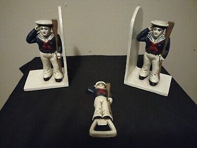 Antique Cast Iron Painted Sailor Bookends with Bottle Opener