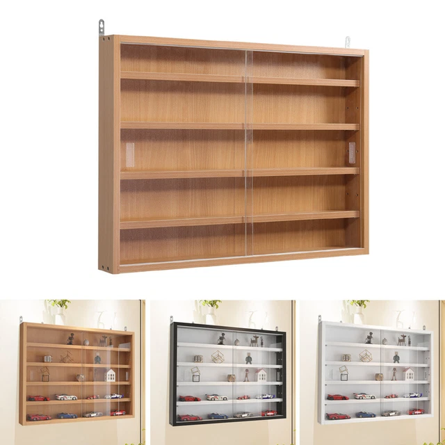 WOODEN WALL DISPLAY Cabinet Storage 5 Tier Shelves Glass Case ...