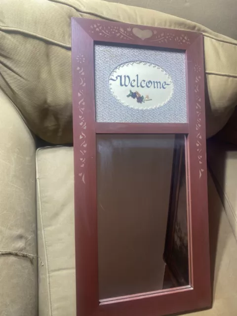 Vintage Wood Framed Stenciled Welcome Wall Mirror - 13.5" W x 24.0" L x 0.5" D