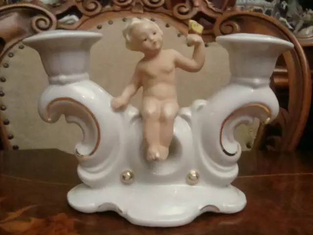 Boy Angel Putti with butterfly German porcelain Candlestick figurine 4601