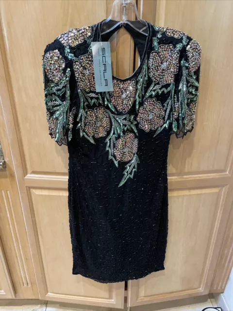 Vintage Scala Black Silk Sequin Beaded Cocktail Dress Size Small Padded Shoulder