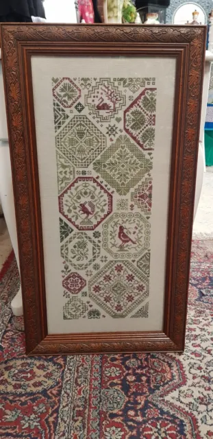 Hand Made Cross Stitch Sampler In An Antique Hand Carved Timber Frame