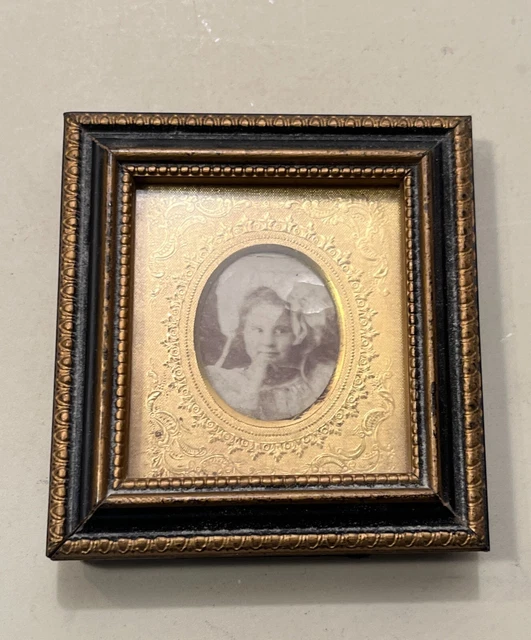 Antique Miniature Gilt/Brass Easel Frame w/ Photo - Little Girl in Big Bonnet