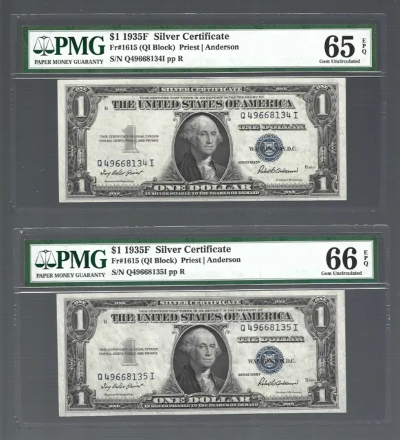 US Silver Certificate 1935F ✨ $1 x 2 RUNNING SERIAL NUMBER ✨ PMG 65 & 66 EPQ