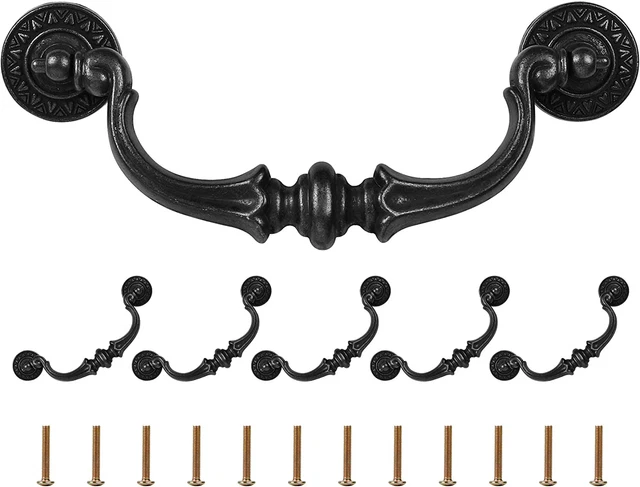 6 Pack Drawer Pulls Handles, 5.5" Hole Center Vintage Antique Black Kitchen Cabi