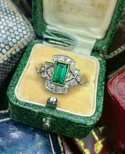 ART DECO 3CT Emerald and Lab-Created Diamond Wedding 14K White Gold ...