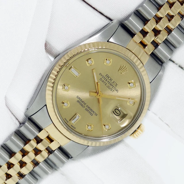 ROLEX MENS DATEJUST 36 Champagne Diamond Dial 18K Yellow Gold Fluted