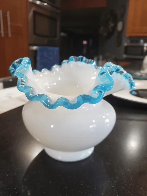 Description: Vintage Fenton Art Glass Aqua Crest Crimped Blue White Vase