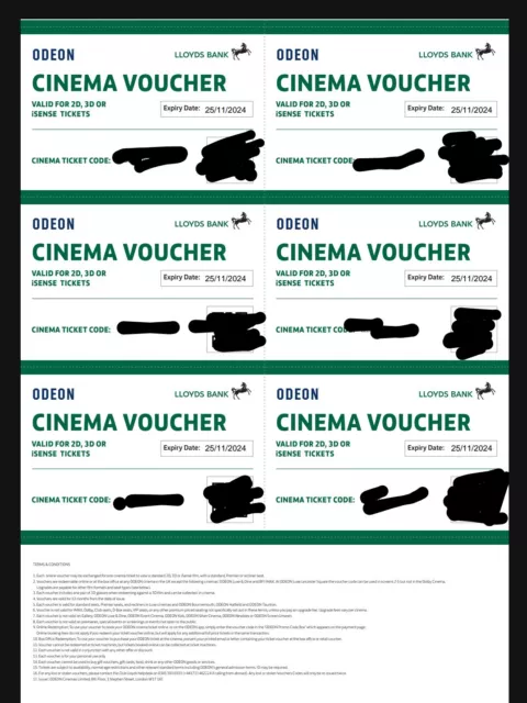 6 X Odeon Cinema Tickets Expiry 25.11.24 Club Lloyds 6 X Odeon Cinema Tickets Expiry 25.11.24 Club Lloyds