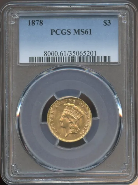 1878 $3 Gold Indian Princess MS 61 PCGS, Great Detail!