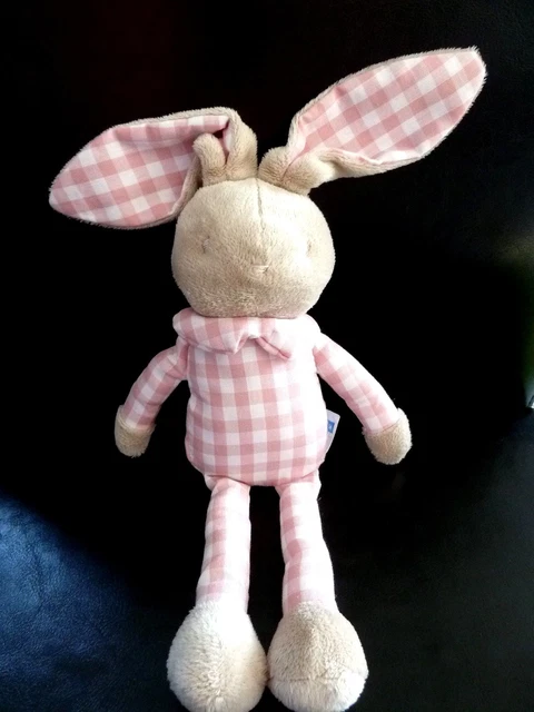 *. DOUDOU PELUCHE KLORANE LAPIN ROSE CARREAUX VICHY BLANC BEIGE 28/40cm ET.NEUF*