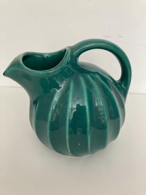 Vintage 1950's  USA Pottery Pitcher With Ice Lip Green Large Handle