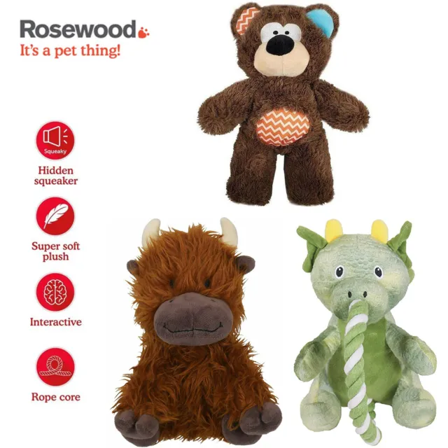 Rosewood Super Tough Plush Rope Brown Bear Cow Dog Toy Green Dragon Tug