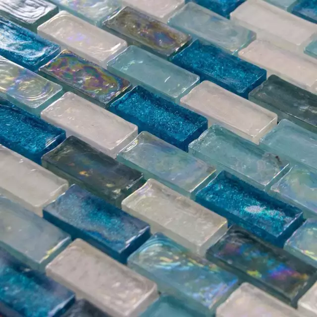 Luxury Textured Aqua, Blue & Pearl Iridescent Glass Mosaic Wall Tiles Sheet 8mm