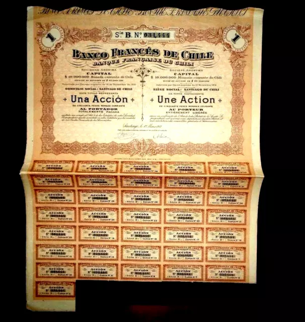 Banco Francés  de Chile ,Share certificate 1917  VG+