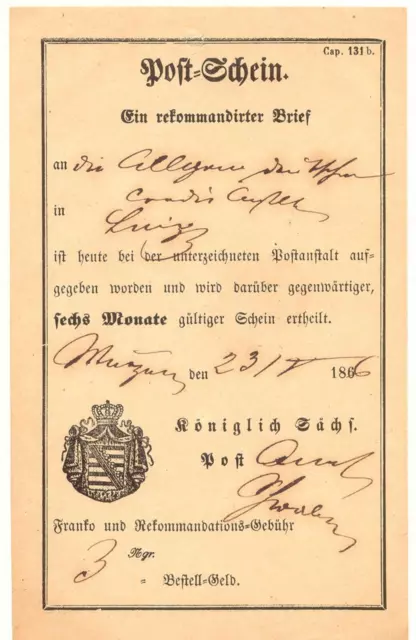 SACHSEN 1866 Postschein der Königlich Sächs. Post für "Ein Rekommandirter Brief"