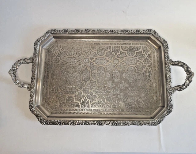 Petit Plateau Oriental Vintage En Métal Argenté - Fait Main Ciselé - Déco Ou Service