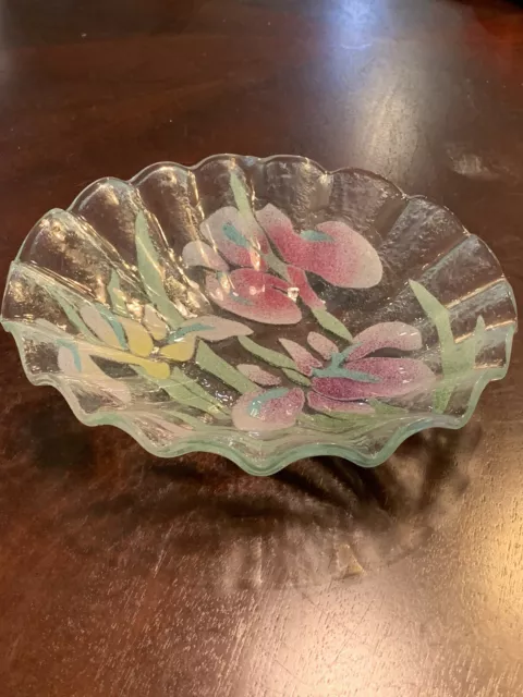 Sydenstricker Art Glass Bowl Pink Purple Yellow Flowers Ruffled Edge 8” Signed