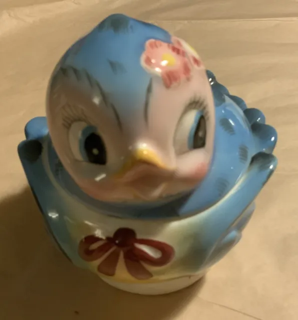 Vintage Blue Bird Sugar Bowl Jam Jar W/Lid Anthropomorphic Bird 1950s ESD Lefton