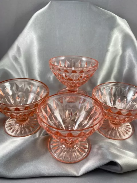 Windsor Depression Glass Footed Sherbet Dishes (4) Jeanette 2.75" Pink Blush Vtg