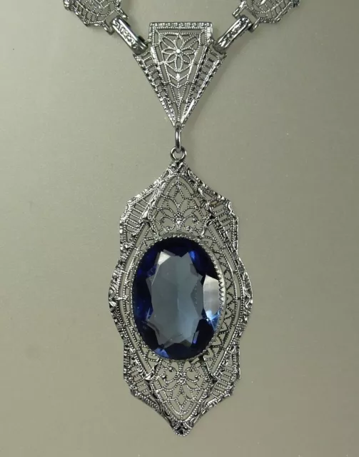 ART DECO FILIGREE Necklace 1930s PS Co Sapphire Blue Crystal Rhodium Plate FAB 3