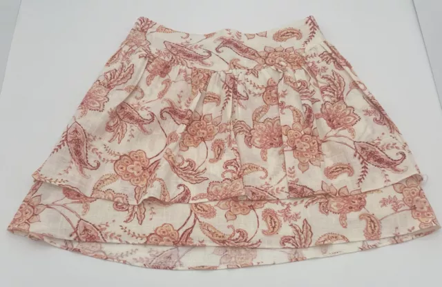 Express Women's Mini Skirt Sz 6 Pink Ivory Linen Blend Floral Tiered Ruffle