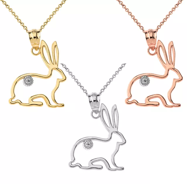 Solid Gold Diamond Jack Rabbit Outline Openwork Pendant Necklace
