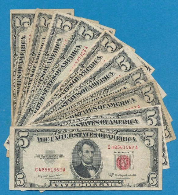 10-$5.00 1953 Mixed Series  Red Seal United States Notes, Dealers Lot