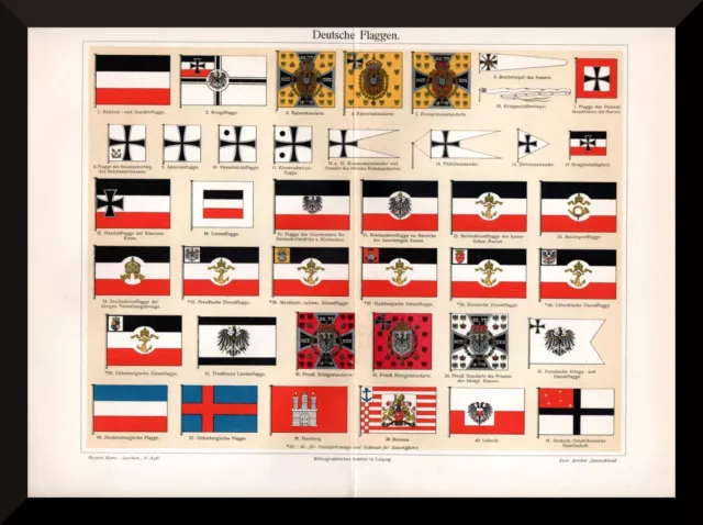 Deutsche Flaggen +alte Bildtafel/Chromolitho von 1905+ Fahnen, Standarten