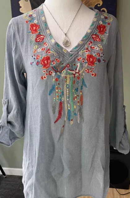 Papillon Blue Tunic Top Shirt With Embroidery Sz Med Nylon Raylon Blend Boho