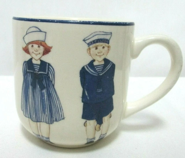 Sia Collection Vintage Sailor Girl &  Boy Mug Cup Hand-painted cream & blue RARE