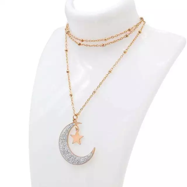 Half Moon & Star Pendant Rose Gold Long Chain  Necklace.